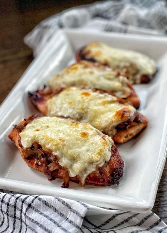 BBQ Chicken Breast with Caramelized Onions and Gouda