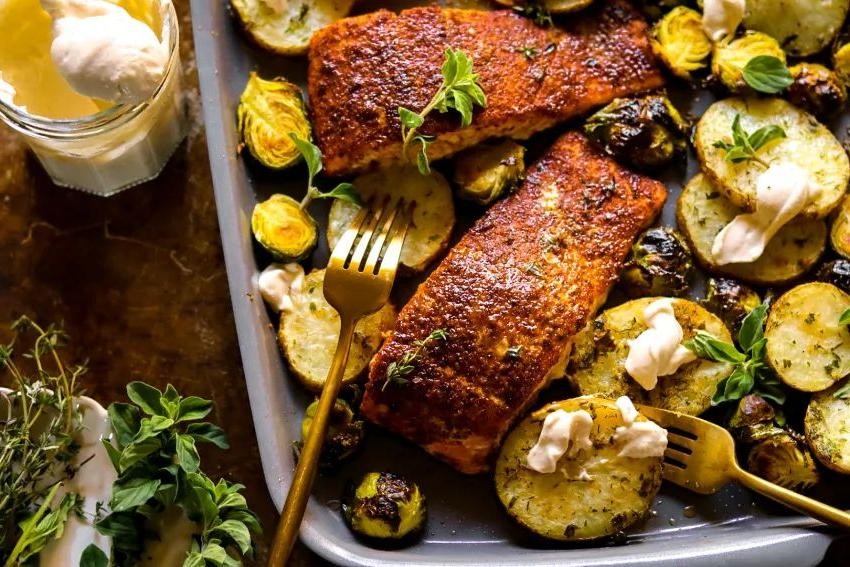 BBQ Sheet Pan Salmon with Coleslaw and Potatoes