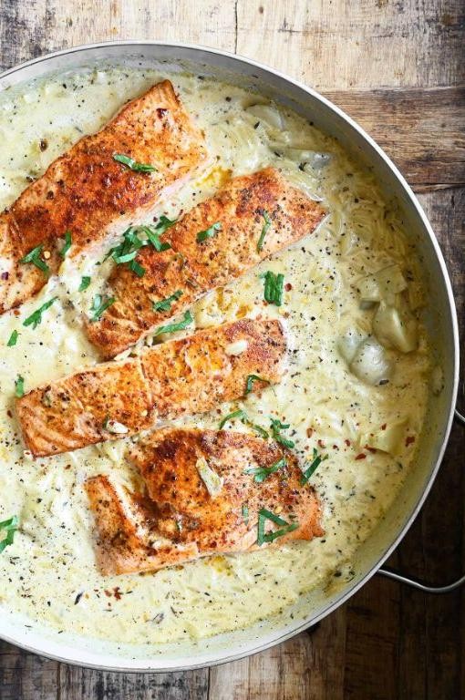 Baked Salmon with Orzo and Artichokes