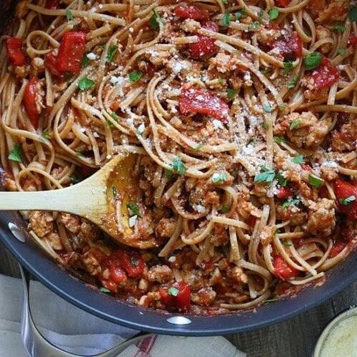 Baked Whole Wheat Pasta with Turkey Sausage and Peppers