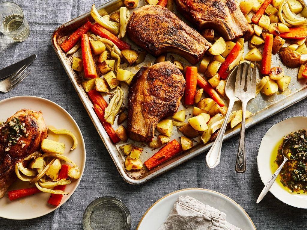 Bone-In Pork Chops with Roasted Vegetables