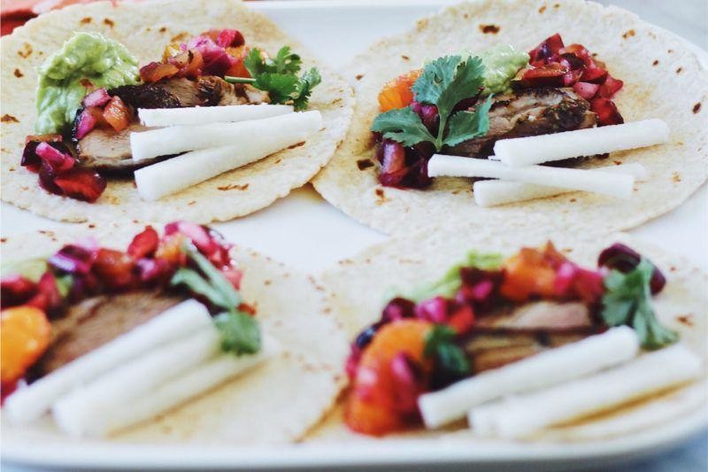 Breakfast Tacos with Duck Confit and Cherry Sauce