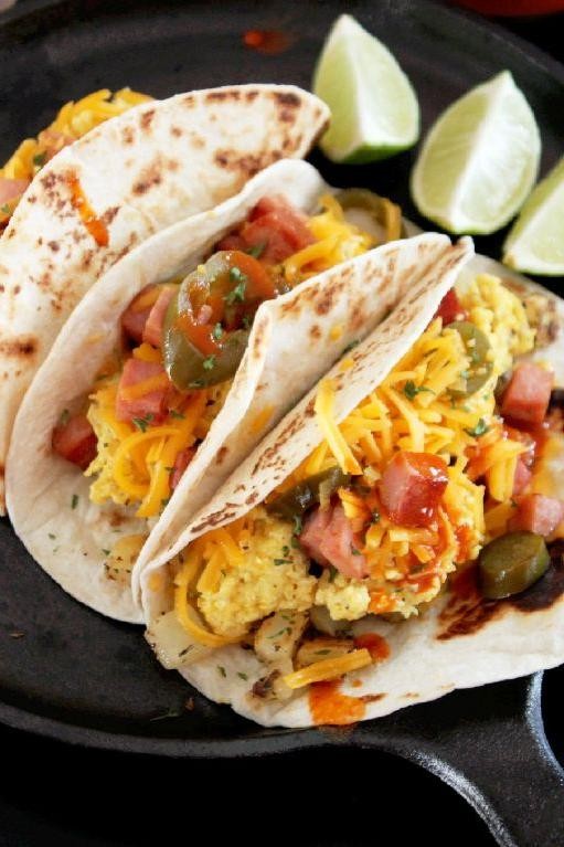 Breakfast Tacos with Ham and Swiss Cheese
