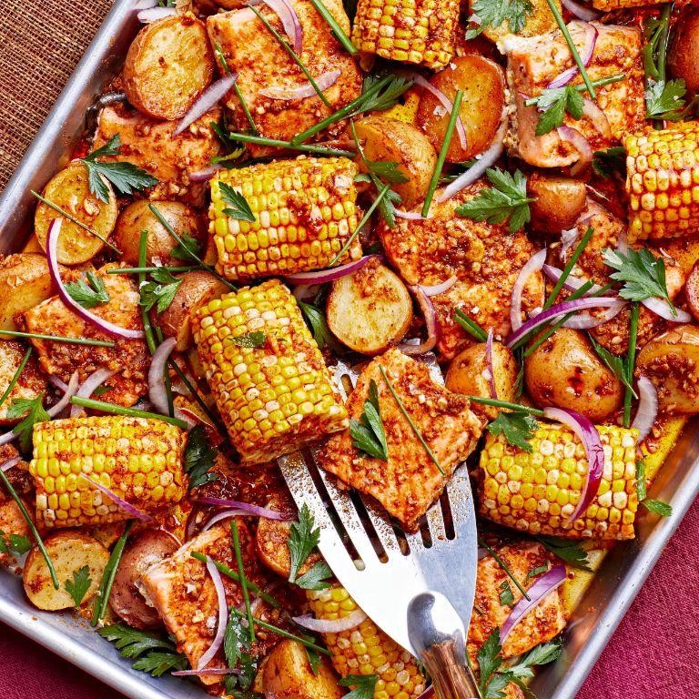 Cajun Sheet Pan Salmon with Corn and Potatoes