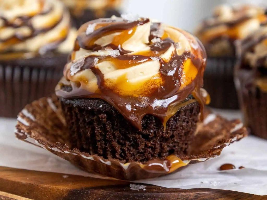 Caramel Stuffed Chocolate Cupcakes with Kraft Caramel Bits