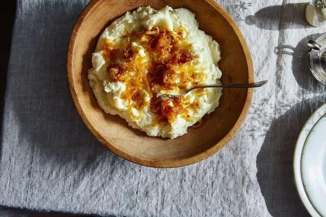 Caramelized Onion and Goat Cheese Smashed Red Potatoes