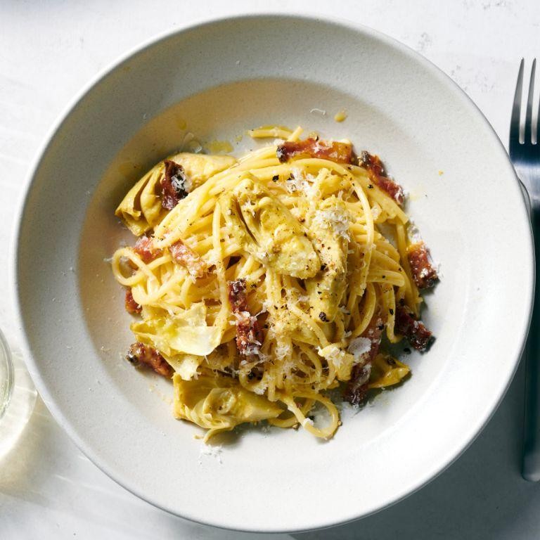 Carbonara with Artichokes and Olives