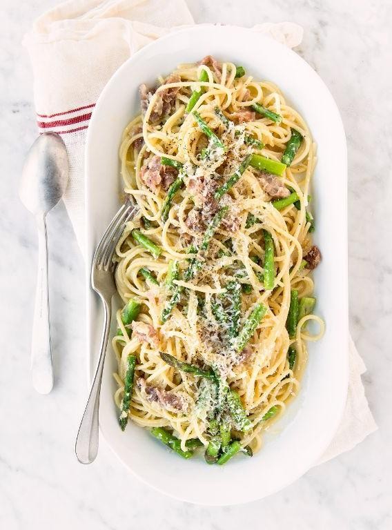 Carbonara with Asparagus and Prosciutto