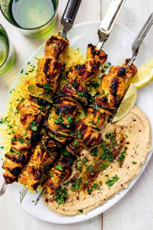 Chicken Shawarma Skewers with Hummus