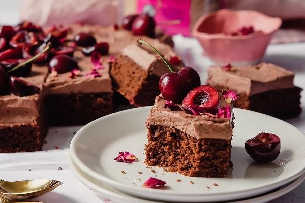 Chocolate Sheet Cake with Cherry Compote