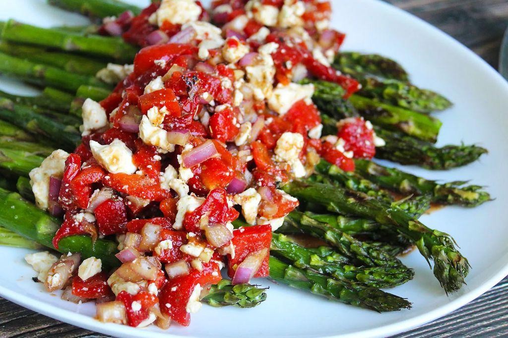 Cold Asparagus Salad with Roasted Red Peppers and Feta