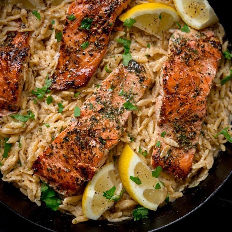 Creamy Garlic Orzo with Pan-Seared Salmon