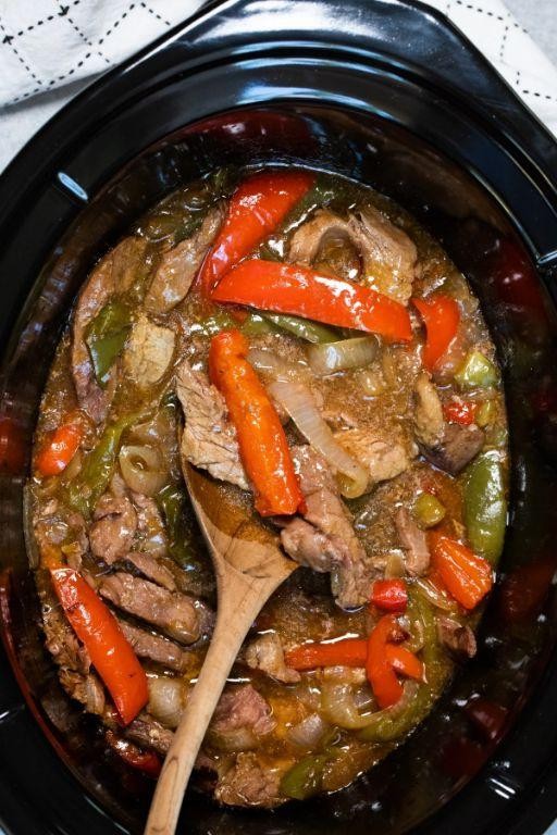Crock Pot Beef Tips with Onions and Peppers