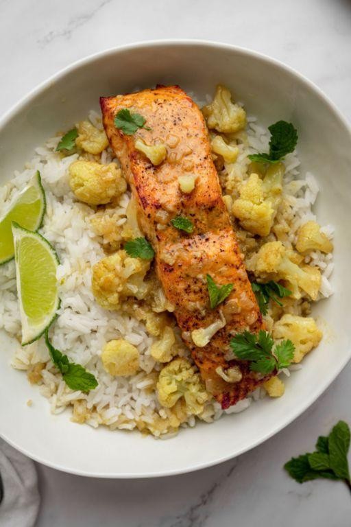 Curry Sheet Pan Salmon with Cauliflower Rice