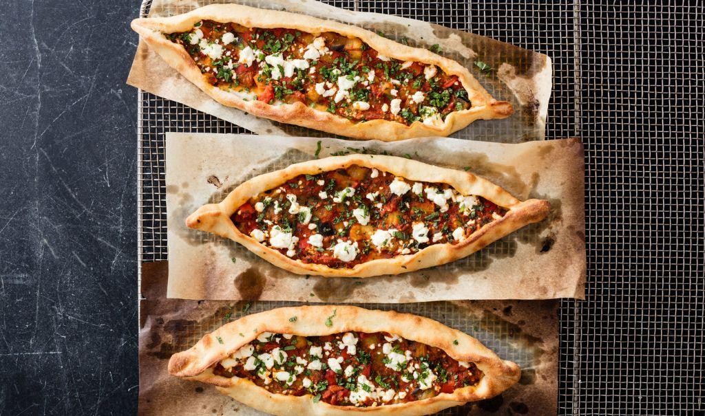 Eggplant and Tomato Flatbread with Vegan Cheese