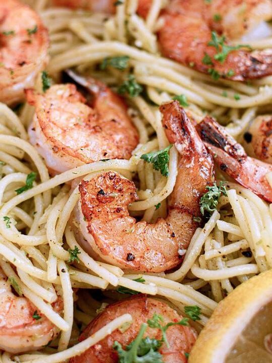 Garlic Scape and Shrimp Linguine
