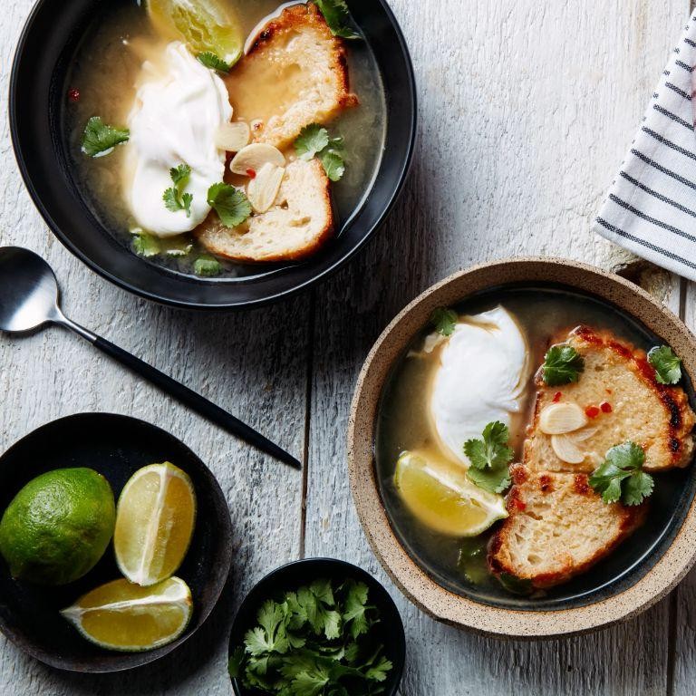 Garlic Soup with Poached Eggs