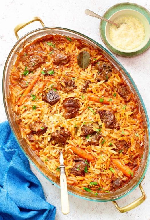 Greek Beef and Orzo Skillet