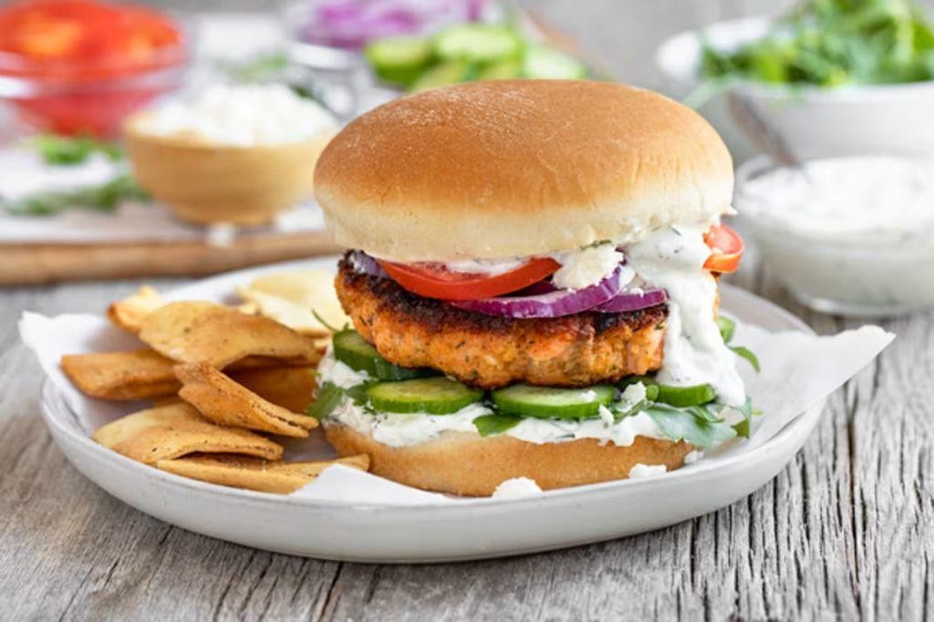 Greek Salmon Burgers with Tzatziki