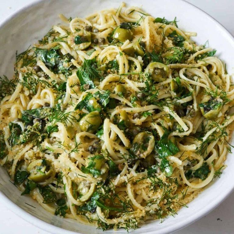 Green Spaghetti with Green Olives and Capers