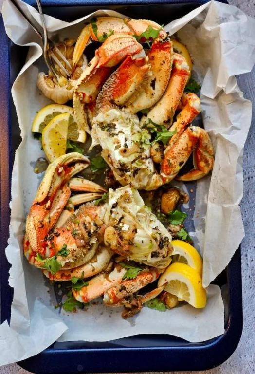 Grilled Dungeness Crab with Lemon Herb Butter
