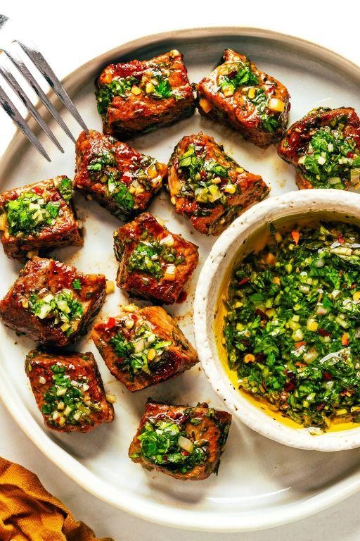 Grilled Sirloin Cubes with Chimichurri Sauce