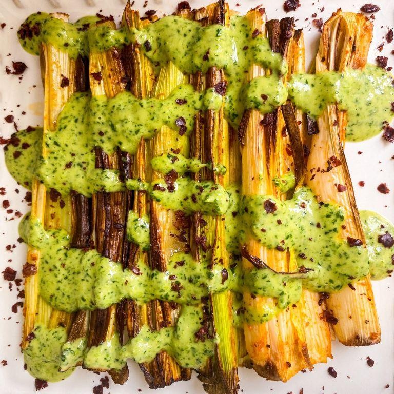Grilled Vegan Leek with Lemon Tahini Dressing