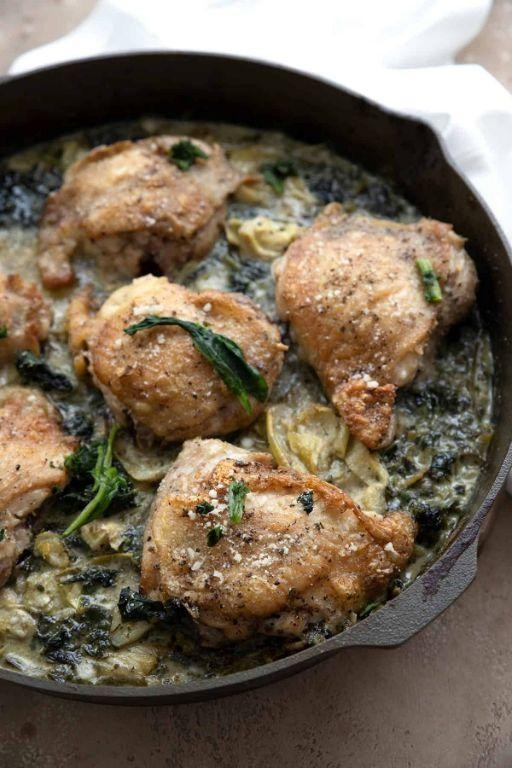 Italian Chicken Thighs with Artichokes and Spinach