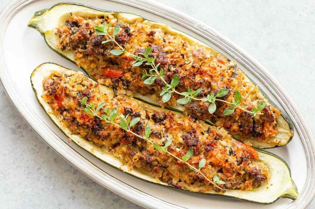 Large Zucchini Stuffed with Sausage and Rice
