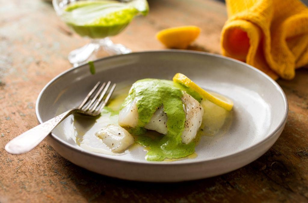 Light Poached Cod with Cucumber and Yogurt Sauce