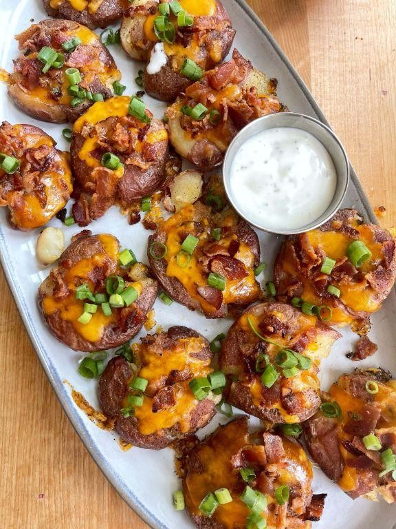 Loaded Smashed Red Potatoes with Cheddar and Green Onions