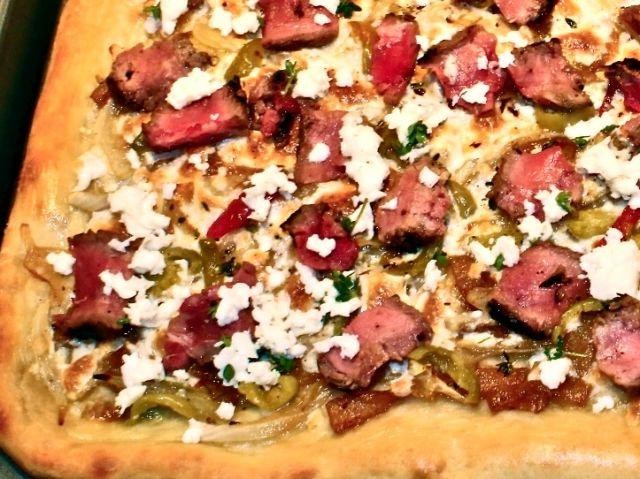 London Broil Pizza with Caramelized Onions and Gorgonzola