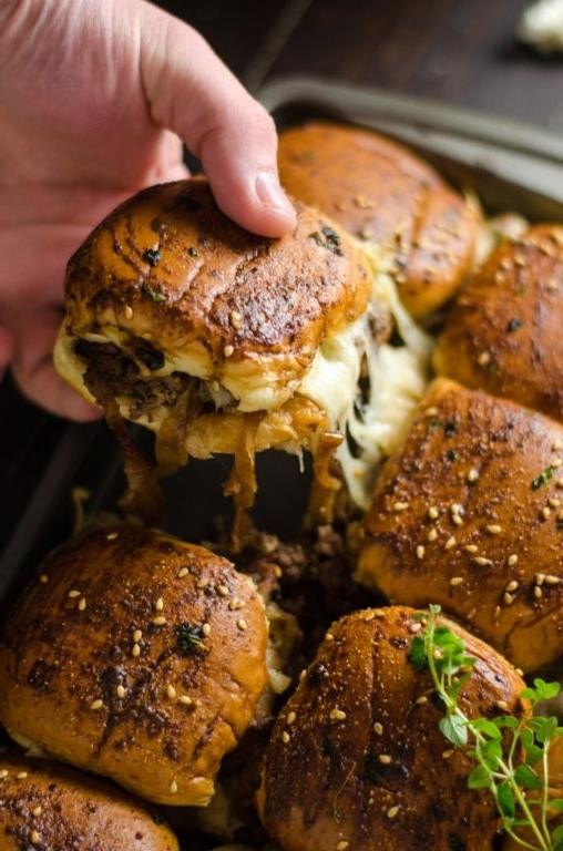 London Broil Sliders with Caramelized Onions and Swiss Cheese