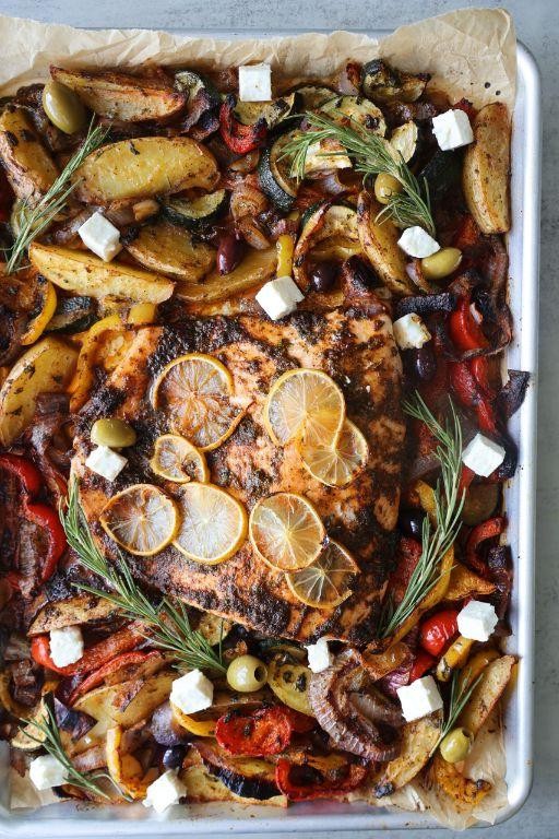 Mediterranean Sheet Pan Salmon with Olives and Feta