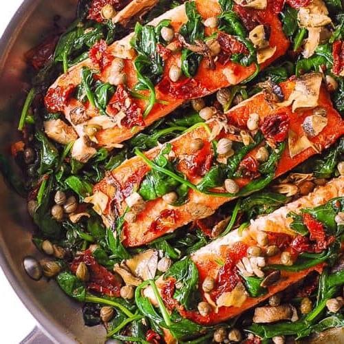 Pan-Seared Spicy Salmon with Garlic Spinach