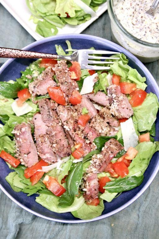 Parmesan Crusted Steak with Tomato Basil Salad