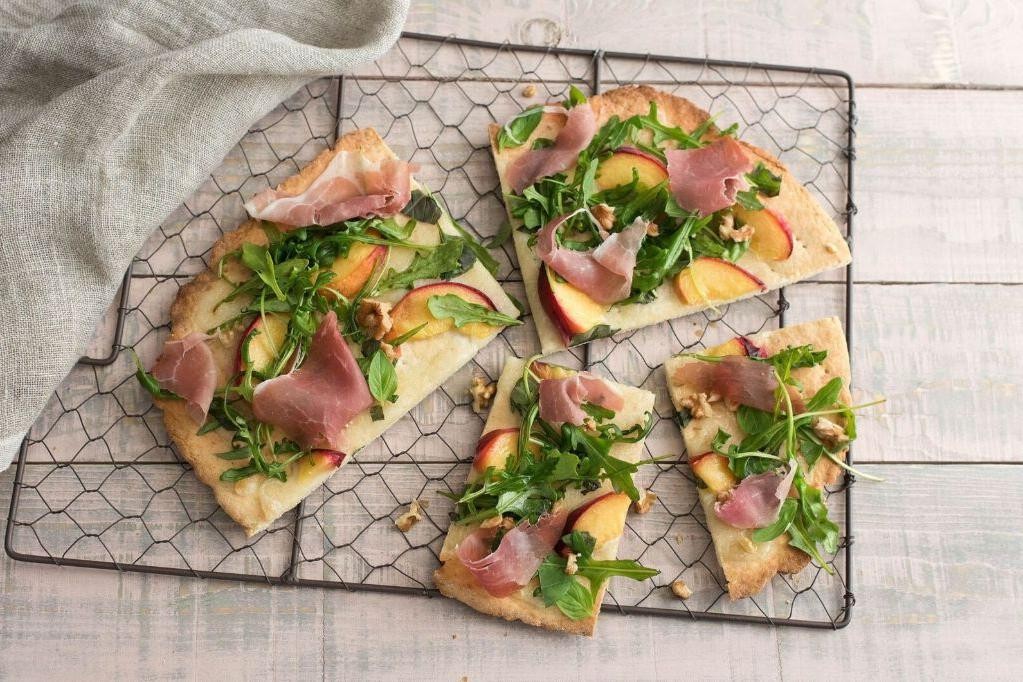 Peach and Prosciutto Flatbread with Arugula