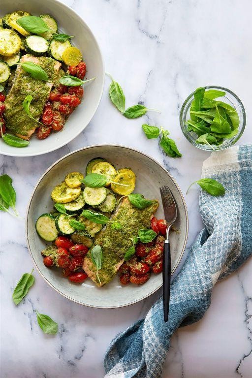 Pesto Sheet Pan Salmon with Cherry Tomatoes and Zucchini