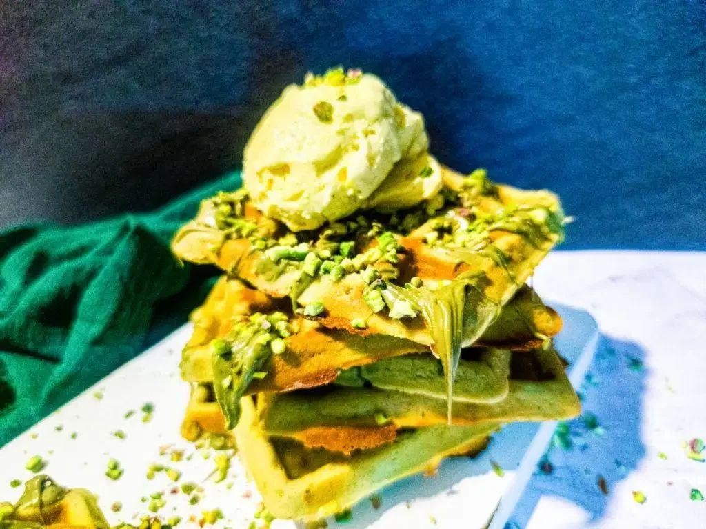 Pistachio Pudding Waffles