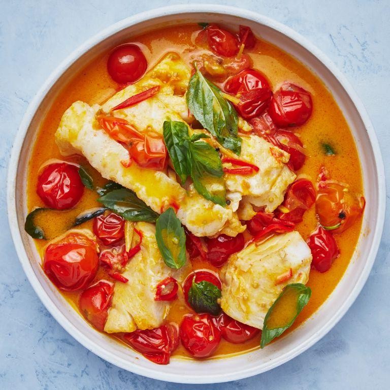 Poached Cod with Basil and Cherry Tomatoes