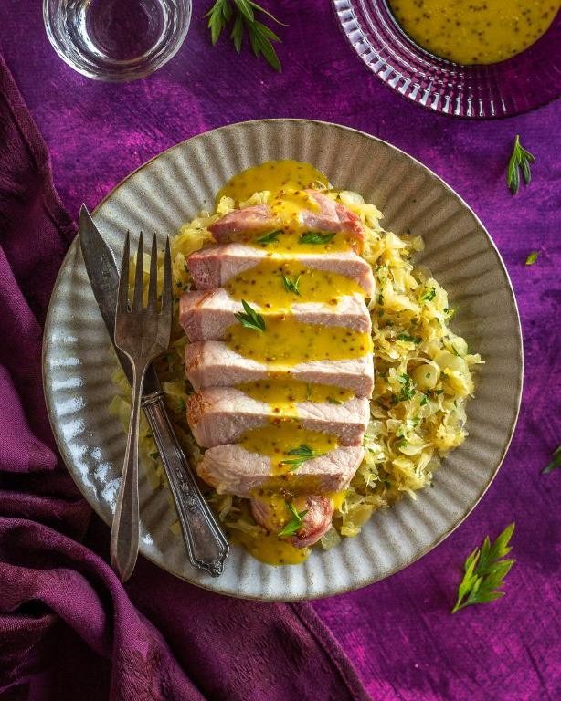 Pork Chop and Sauerkraut with Mustard Sauce