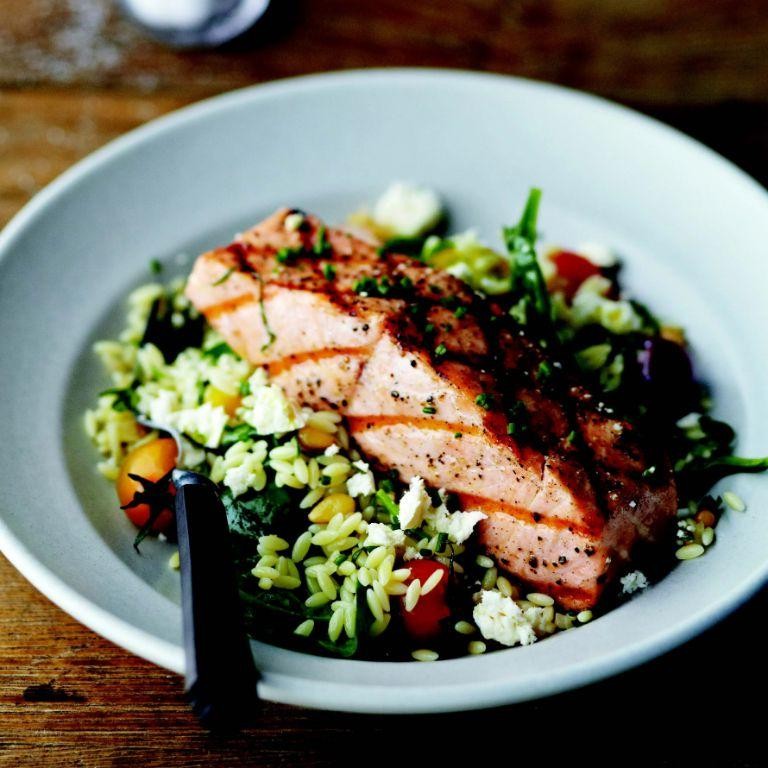 Roasted Salmon with Orzo and Feta Cheese