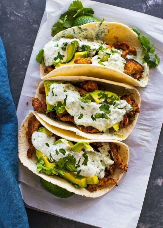 Shaved Chicken Tacos with Avocado Cream