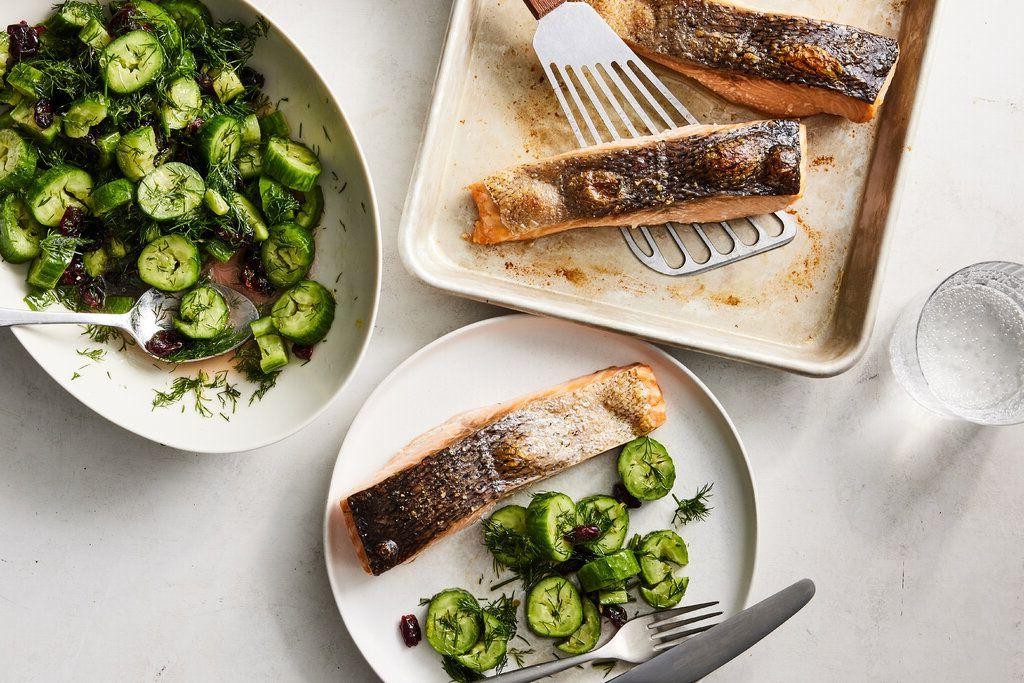 Sheet Pan Salmon with Dill and Cucumber Salad