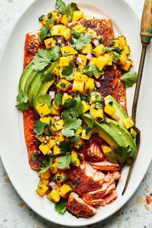 Sheet Pan Salmon with Mango Salsa and Avocado