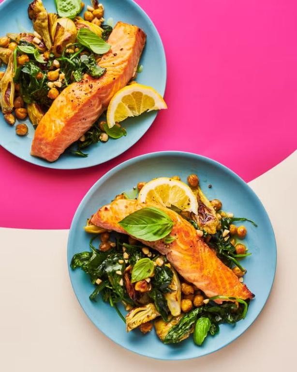 Sheet Pan Salmon with Spinach and Artichokes