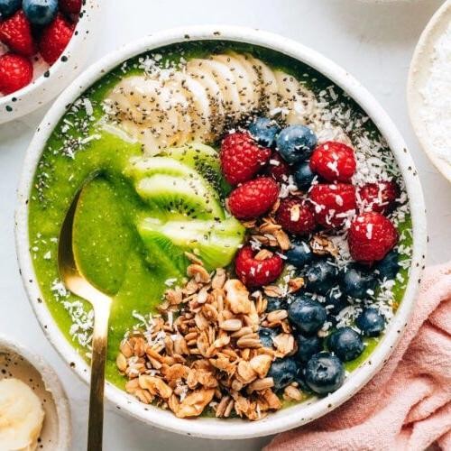 Smoothie Bowl with Protein Powder, Kale, and Mixed Berries