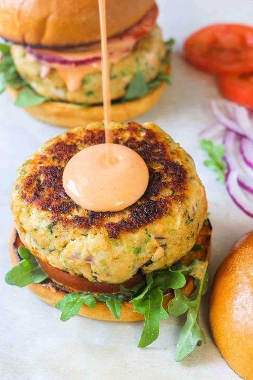 Spicy Salmon Burgers with Sriracha Mayo