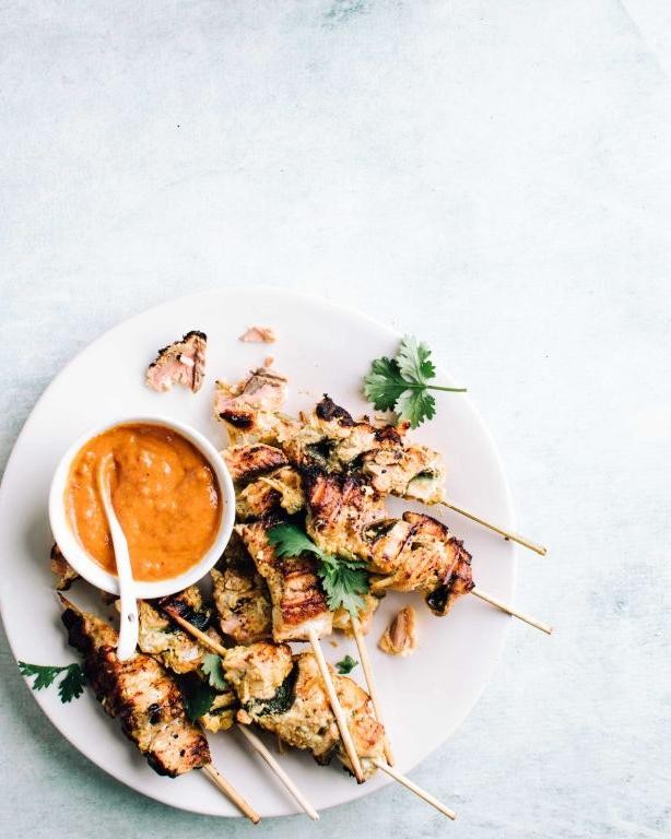 Spicy Salmon Skewers with Peanut Sauce