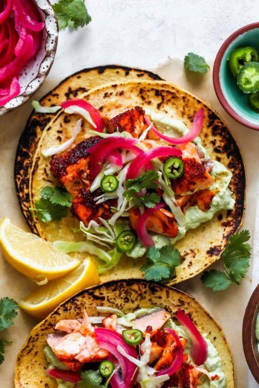 Spicy Salmon Tacos with Avocado Crema